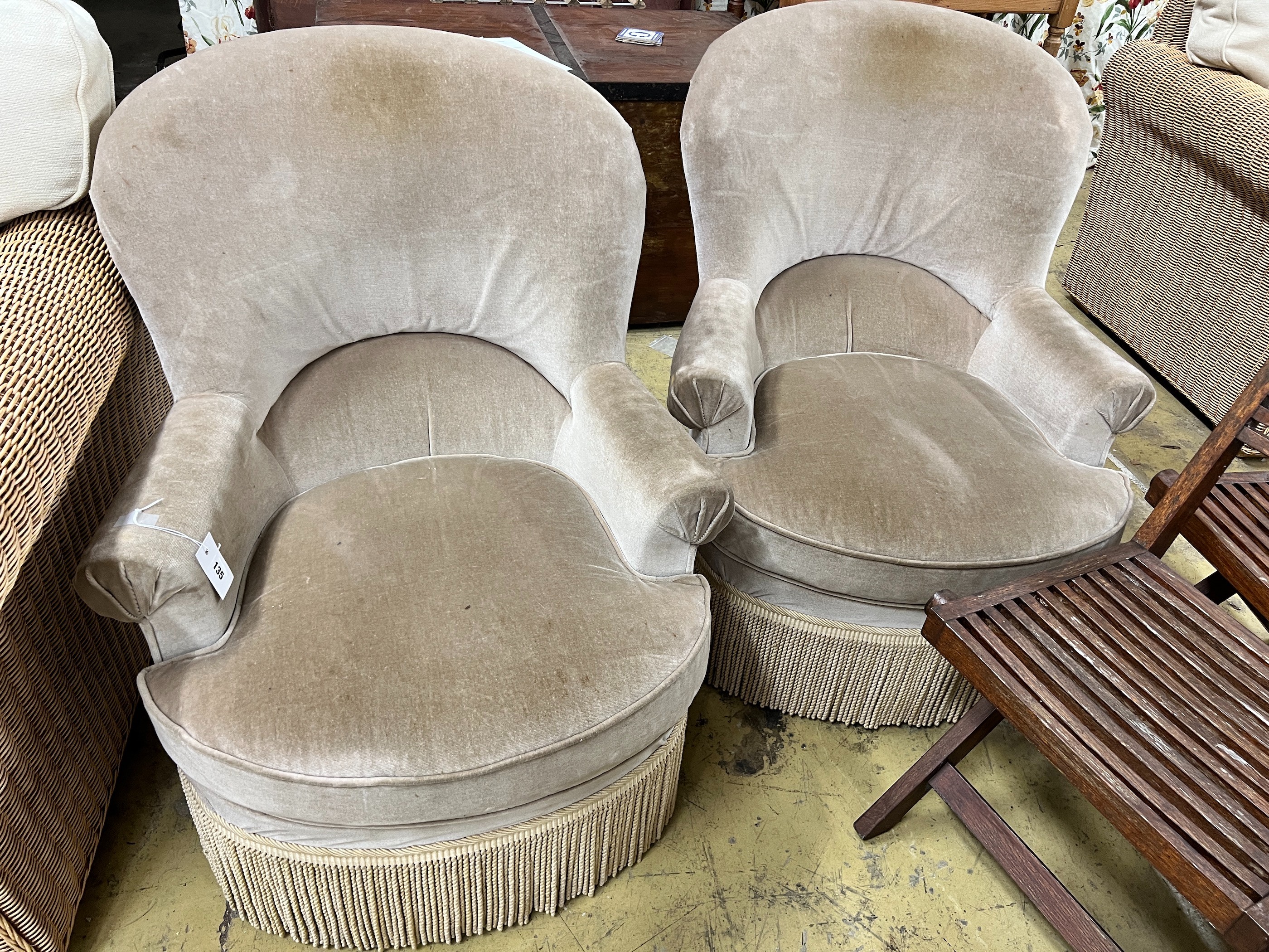A pair of upholstered tub framed side chairs, width 70cm, depth 70cm, height 88cm